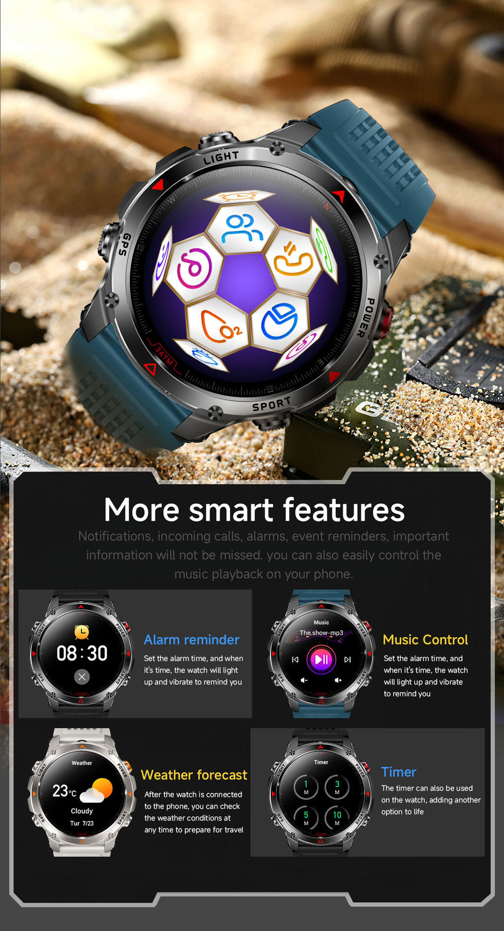 HT37 Smart Watch 1.46" Bluetooth Heart Rate Step GPS Positioning Sport Three Preventions