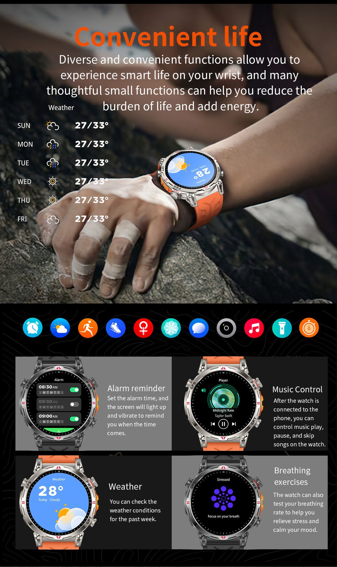 KC93 Smart Watch Heart Rate Blood Oxygen Compass Waterproof Bluetooth Calling GPS Positioning Sport