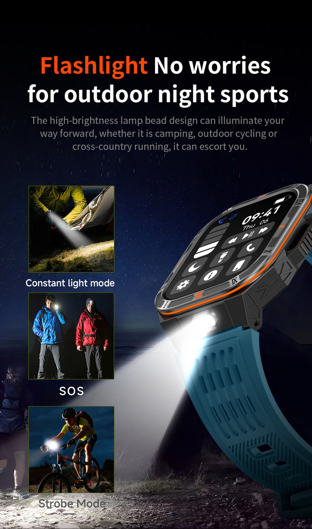 HT38 Smart Watch Bluetooth Calling Flashlight Compass Heart Rate Monitoring Outdoor Sport