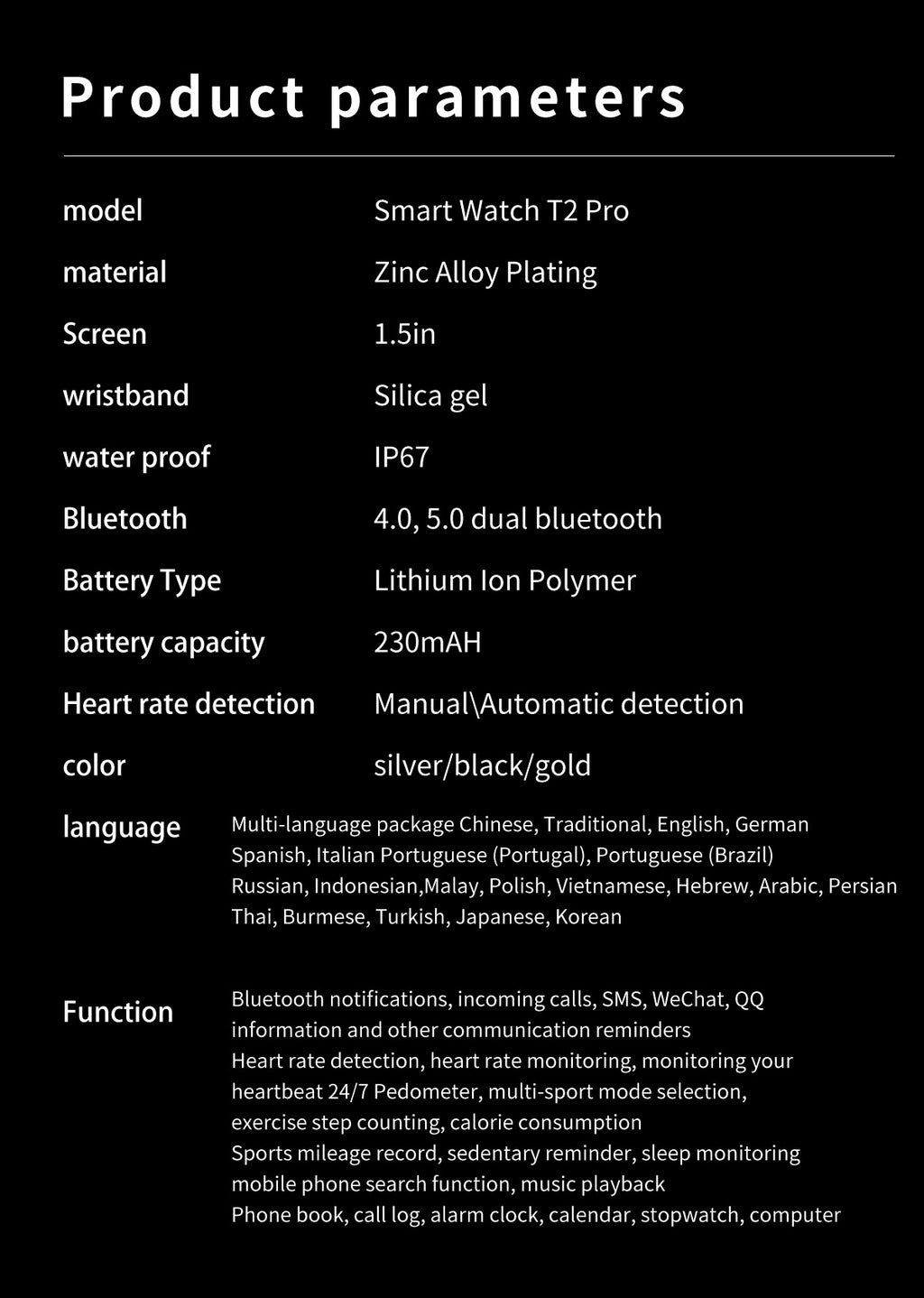 T2 Pro Smart Watch Round Screen Bluetooth Calling Message Notification Sport Record Male/Female