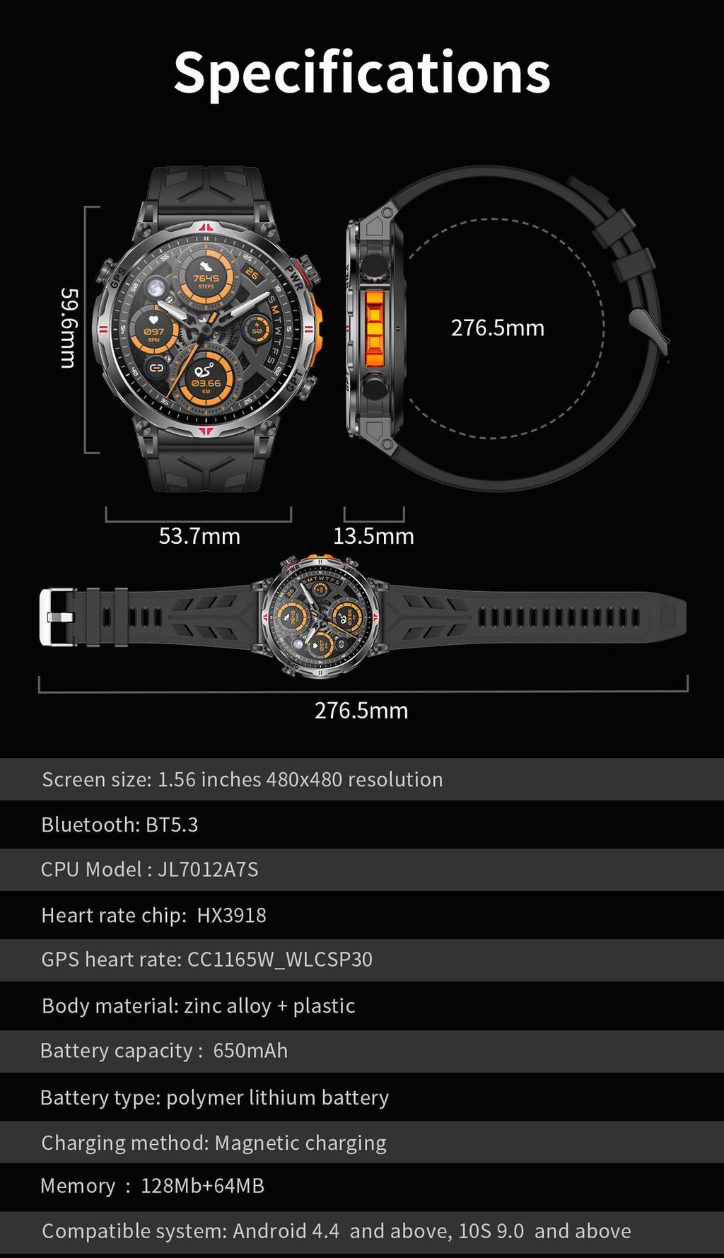 KC93 Smart Watch Heart Rate Blood Oxygen Compass Waterproof Bluetooth Calling GPS Positioning Sport