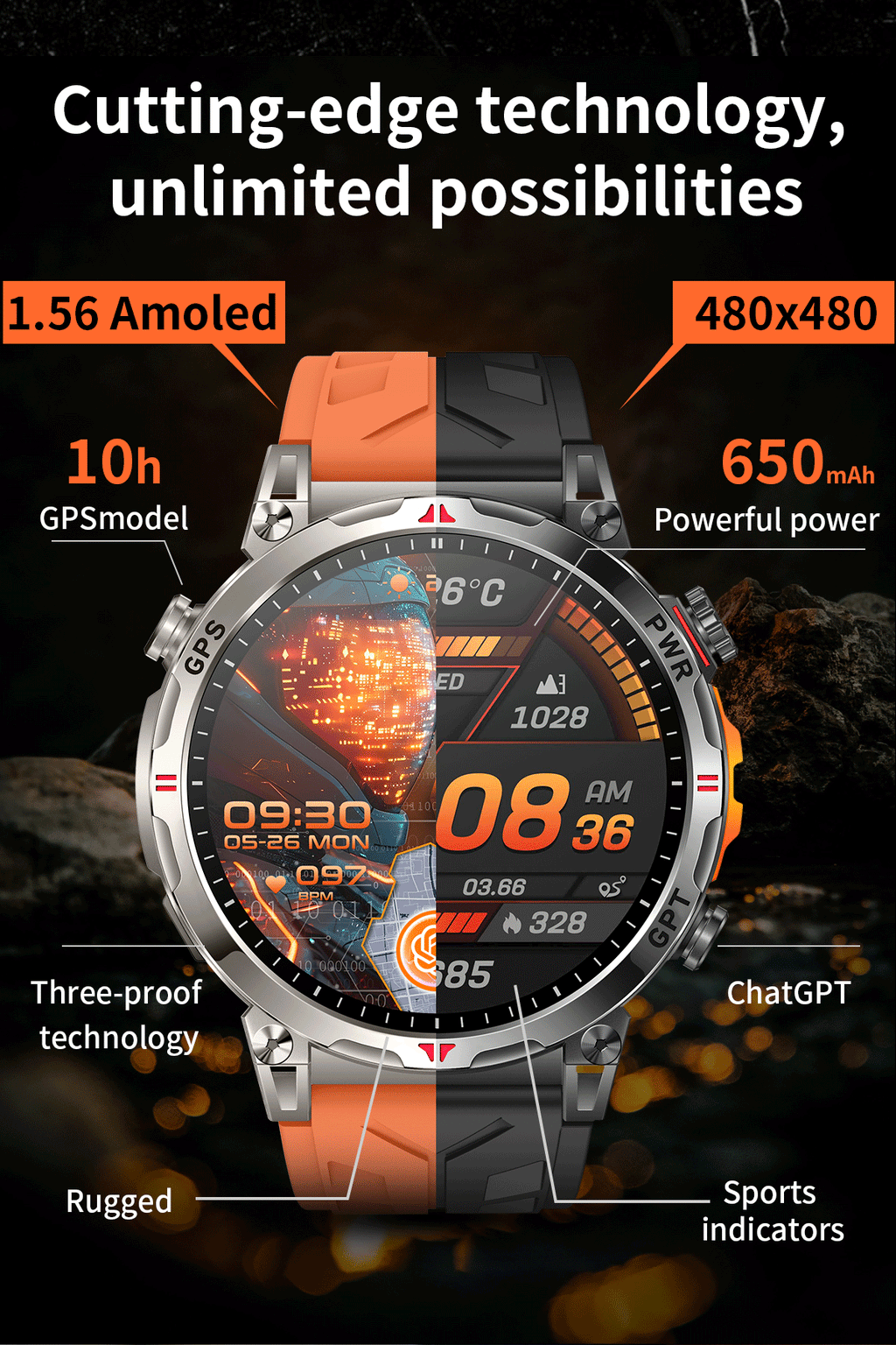KC93 Smart Watch Heart Rate Blood Oxygen Compass Waterproof Bluetooth Calling GPS Positioning Sport