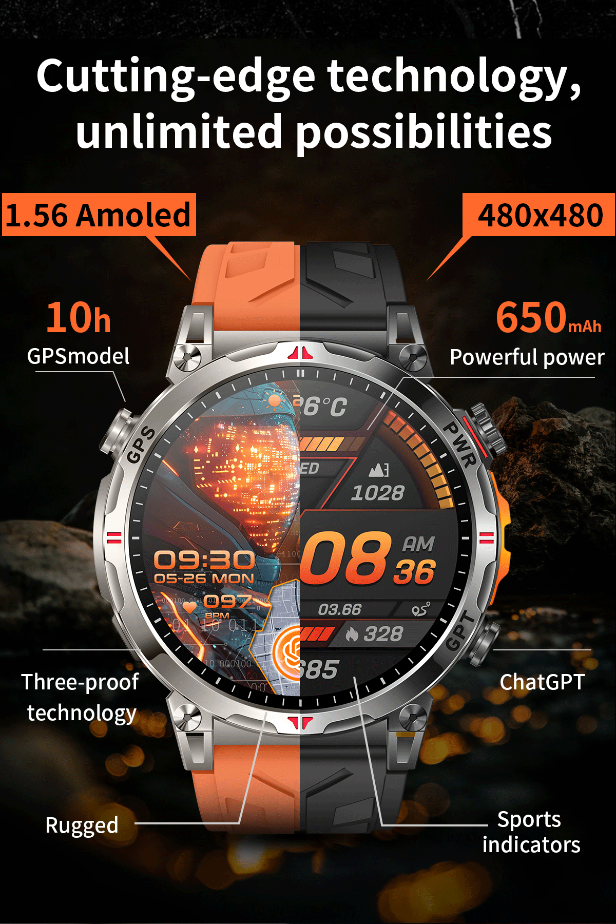 KC93 Smart Watch Heart Rate Blood Oxygen Compass Waterproof Bluetooth Calling GPS Positioning Sport