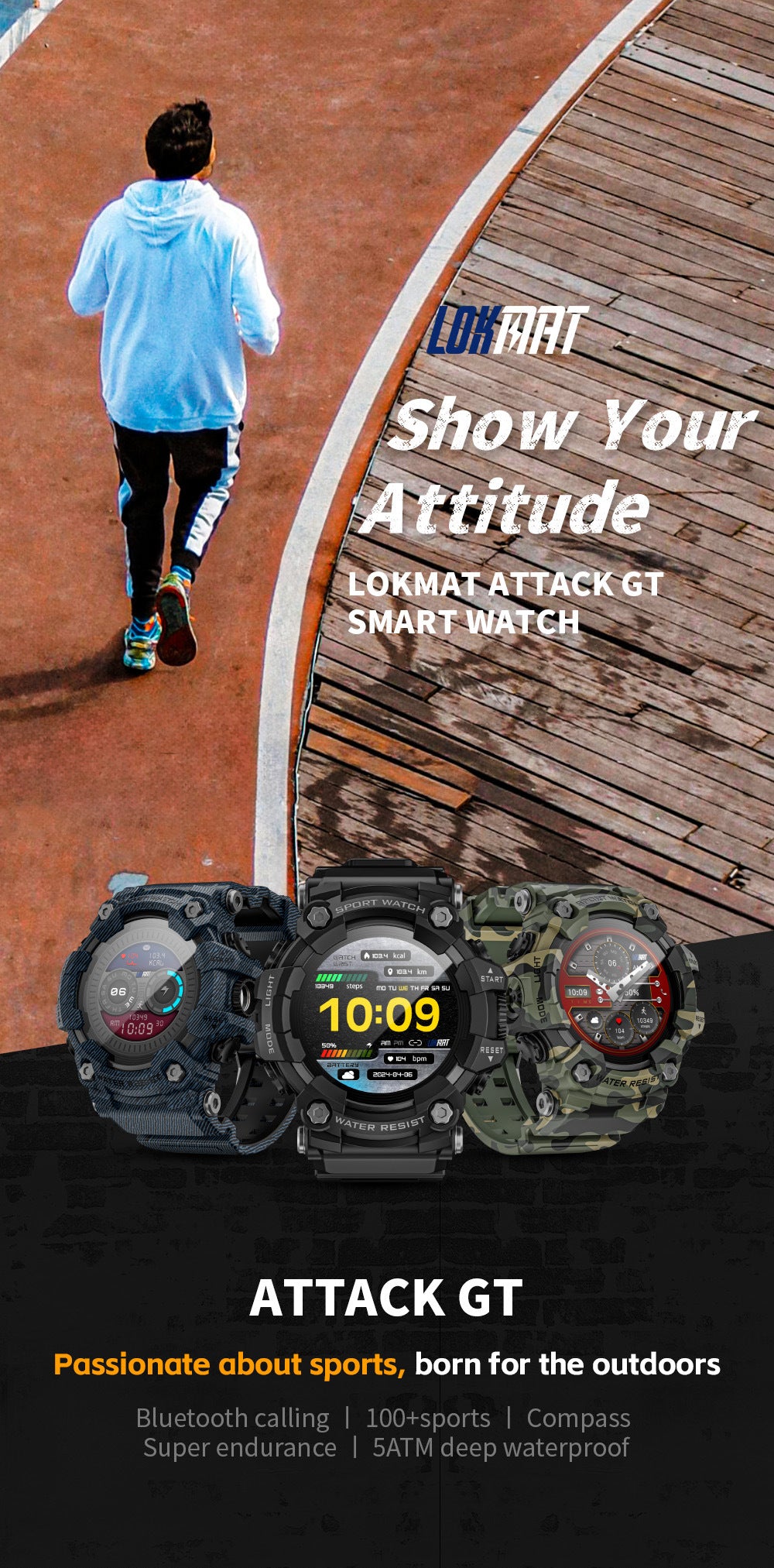 LOKMAT ATTACK GT Smart Watch Bluetooth Calling SOS Compass Out Door Health Monitoring