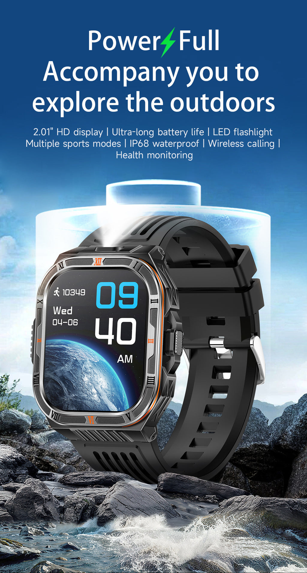 HT38 Smart Watch Bluetooth Calling Flashlight Compass Heart Rate Monitoring Outdoor Sport