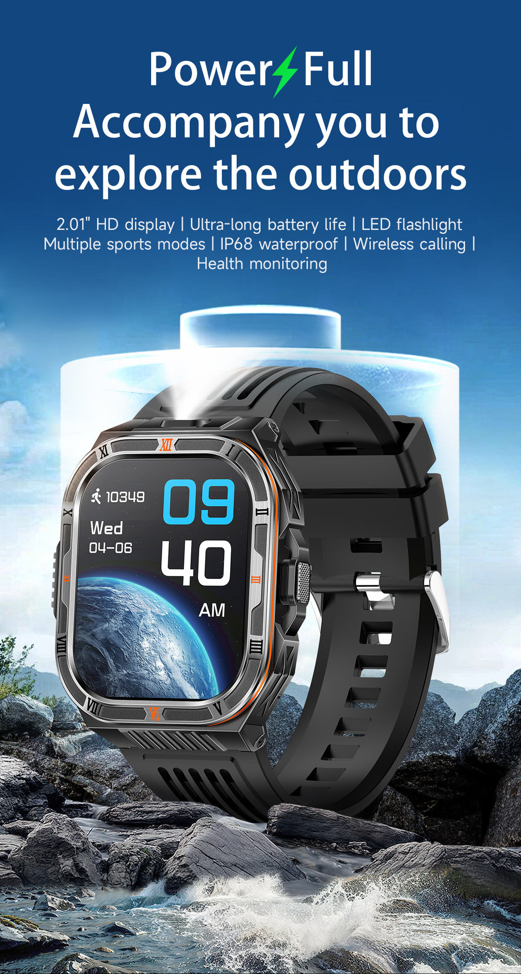 HT38 Smart Watch Bluetooth Calling Flashlight Compass Heart Rate Monitoring Outdoor Sport