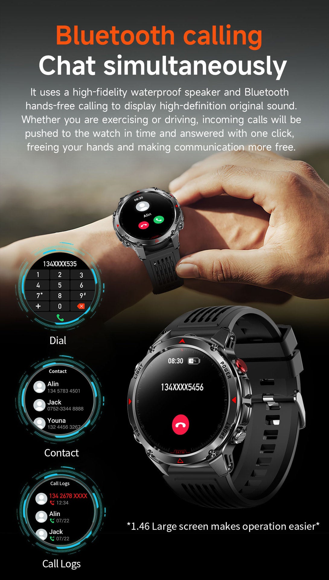 HT37 Smart Watch 1.46" Bluetooth Heart Rate Step GPS Positioning Sport Three Preventions