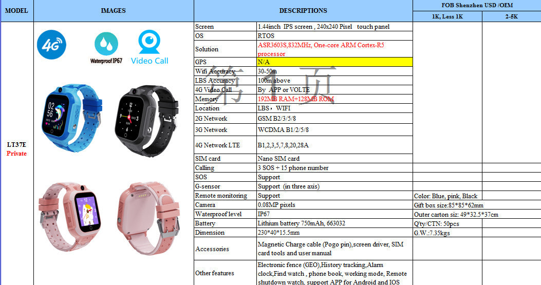 TL37 Smart Watch Children Positioning Wechat Video Waterproof Card Calling