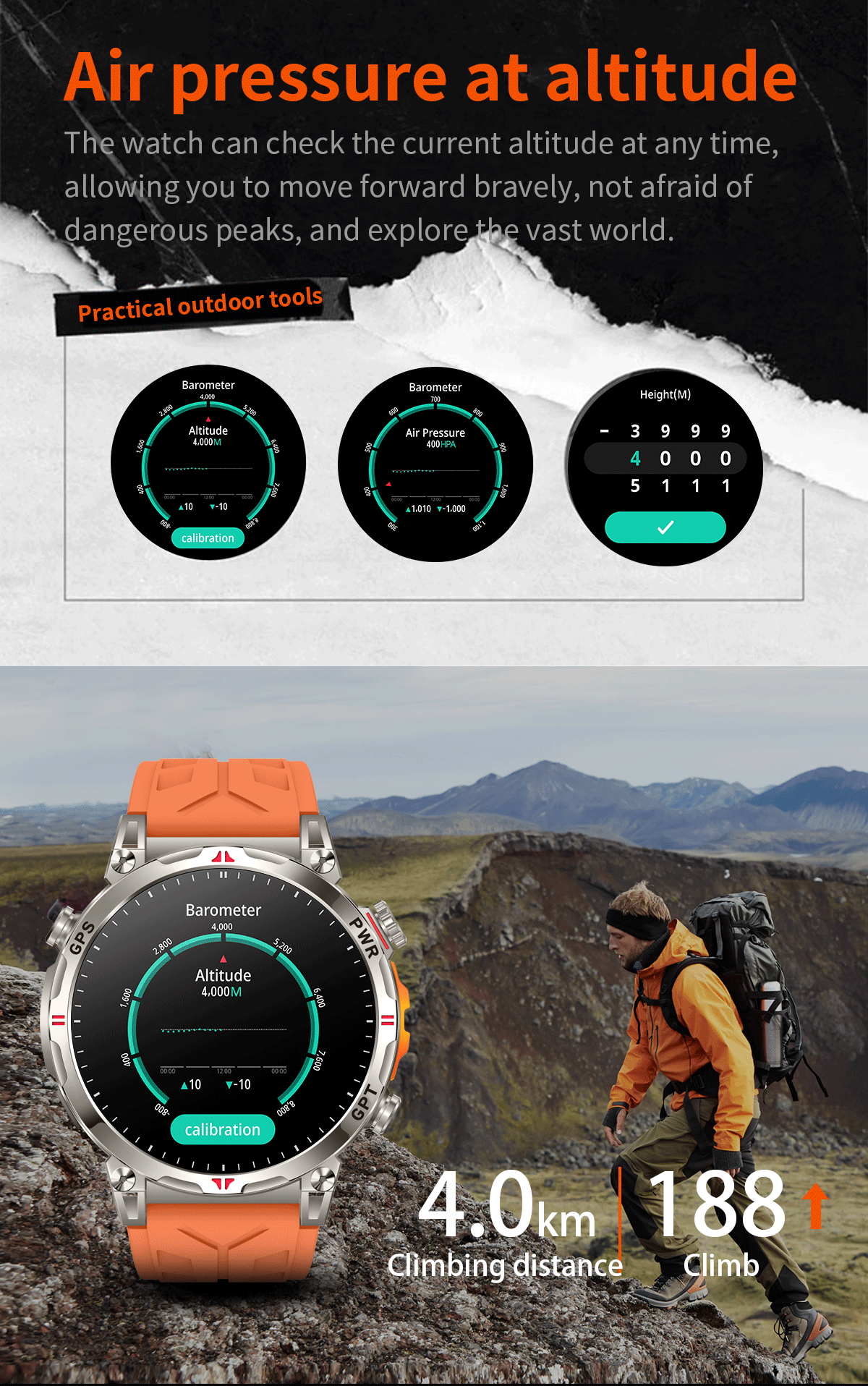 KC93 Smart Watch Heart Rate Blood Oxygen Compass Waterproof Bluetooth Calling GPS Positioning Sport