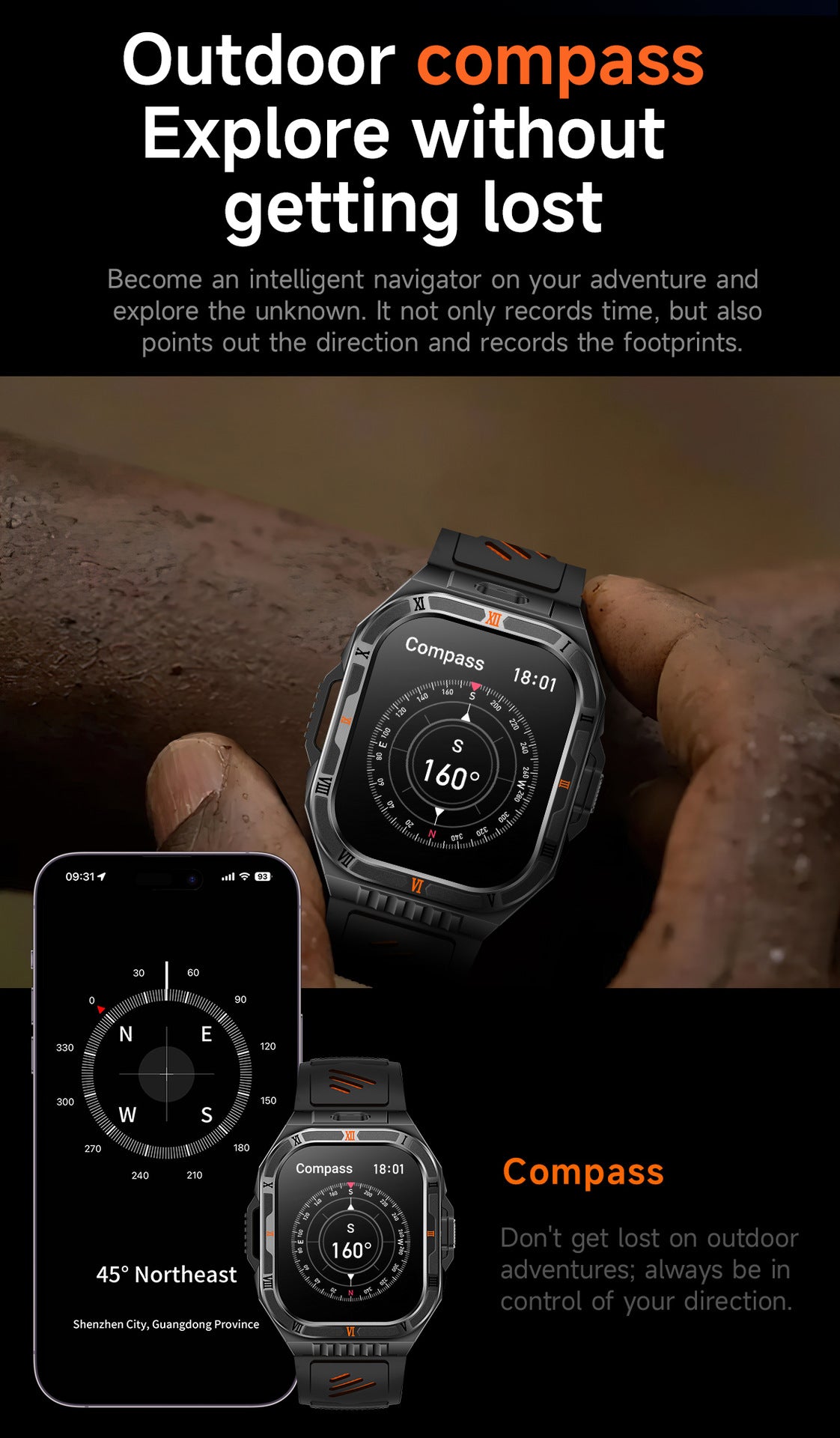 HT38 Smart Watch Bluetooth Calling Flashlight Compass Heart Rate Monitoring Outdoor Sport