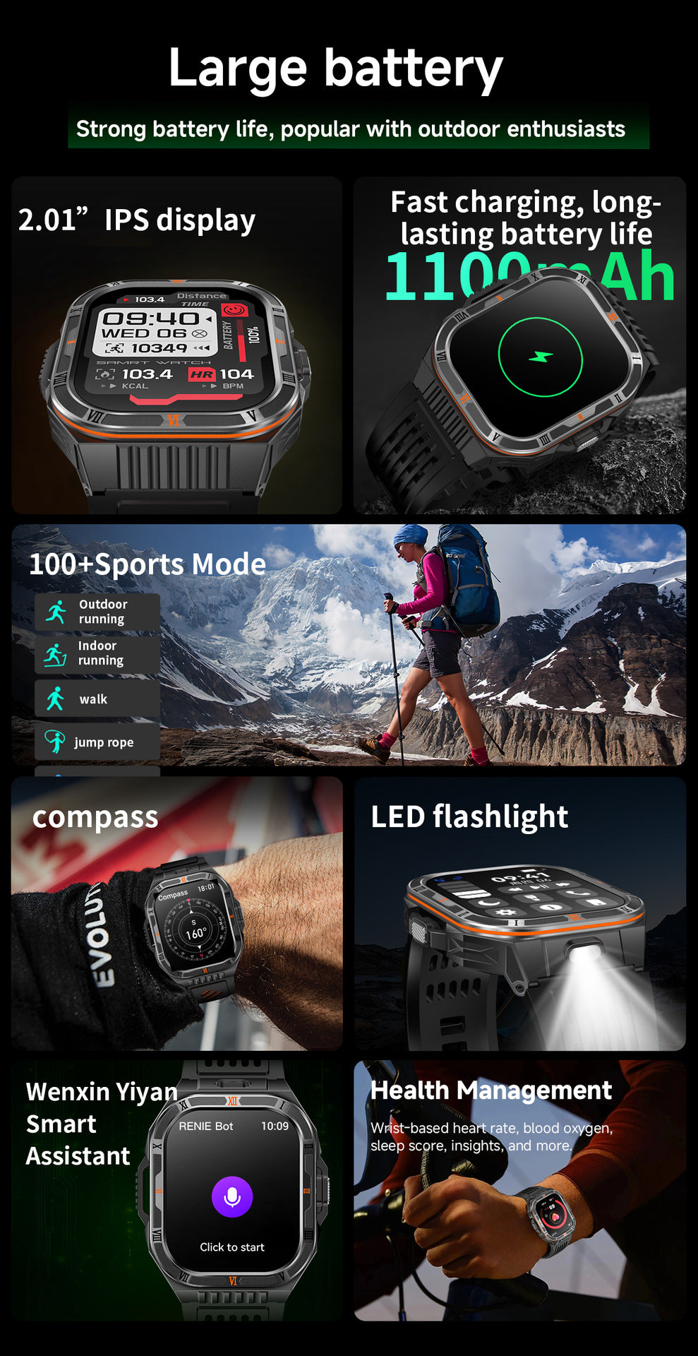 HT38 Smart Watch Bluetooth Calling Flashlight Compass Heart Rate Monitoring Outdoor Sport