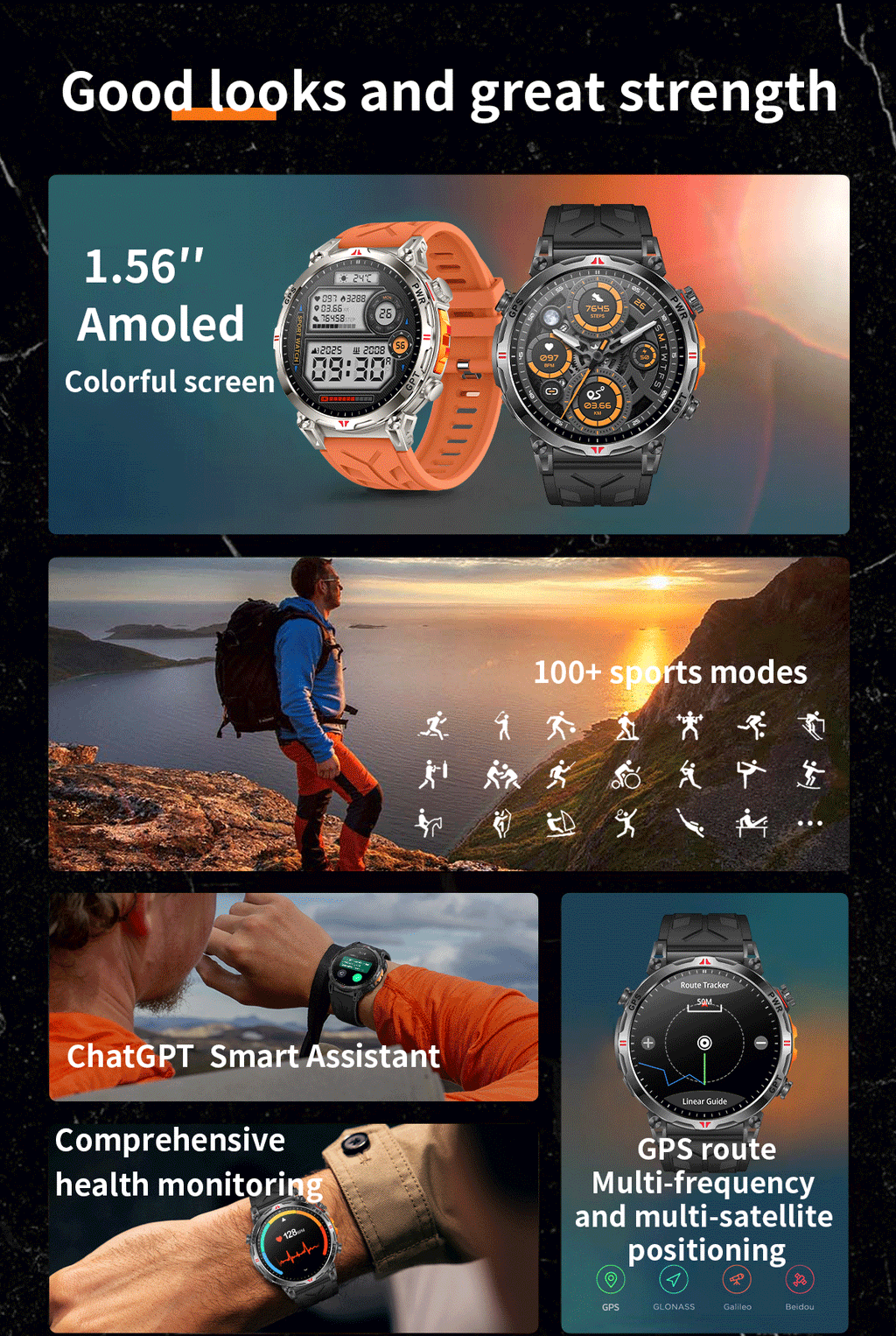 KC93 Smart Watch Heart Rate Blood Oxygen Compass Waterproof Bluetooth Calling GPS Positioning Sport