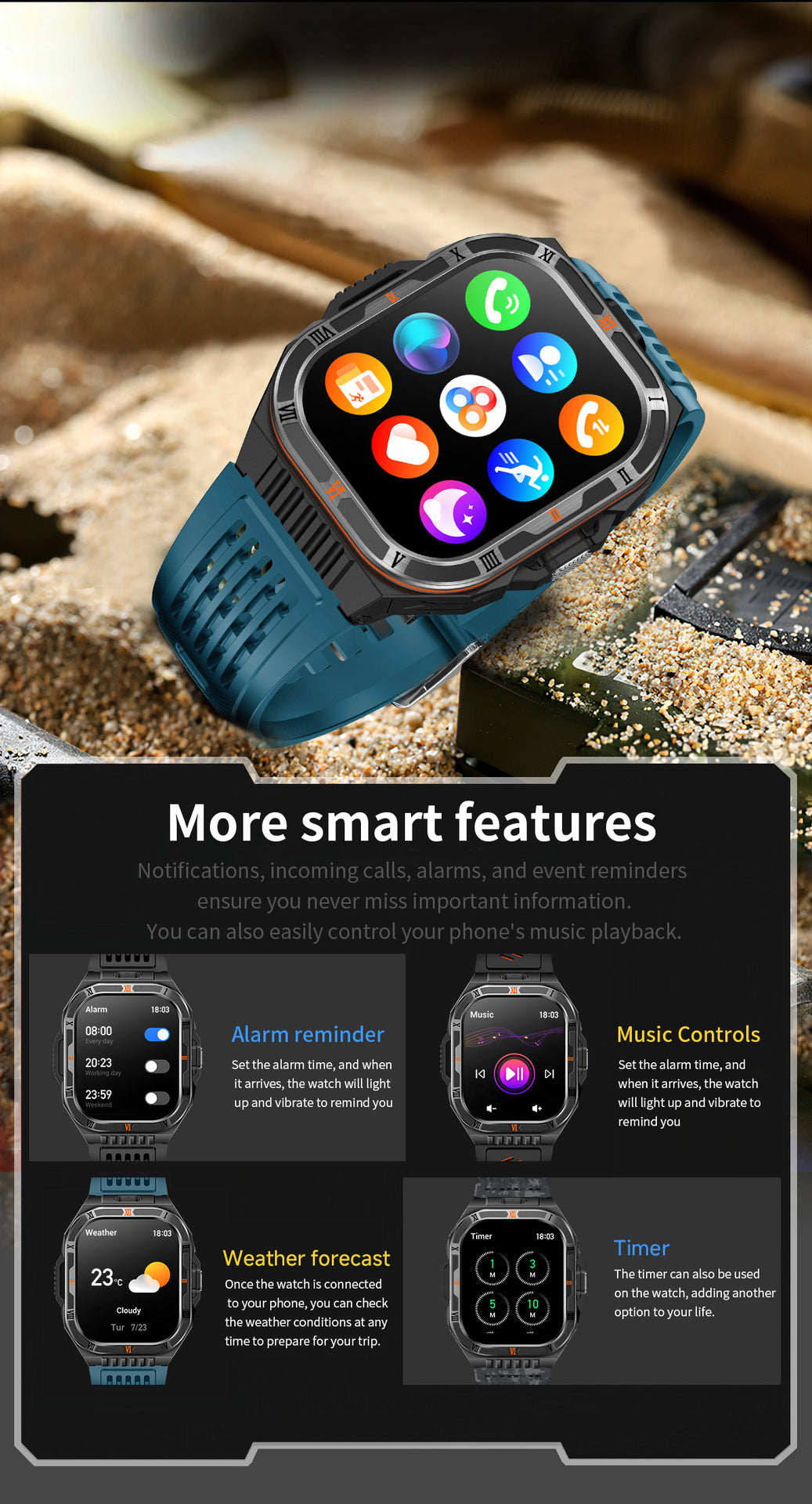HT38 Smart Watch Bluetooth Calling Flashlight Compass Heart Rate Monitoring Outdoor Sport