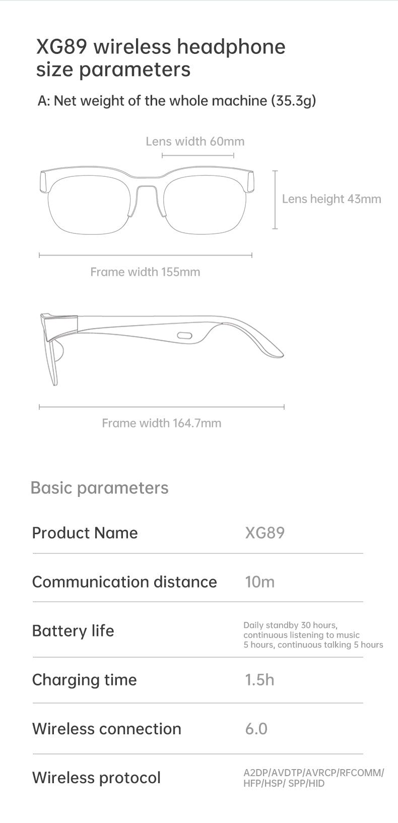 XG 89 Smart Glasses With Music Photo Camera Translation Bluetooth Calling